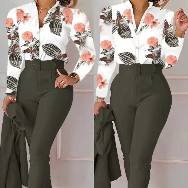 Women's fashion fashion print long sleeve top solid color pants set with belt