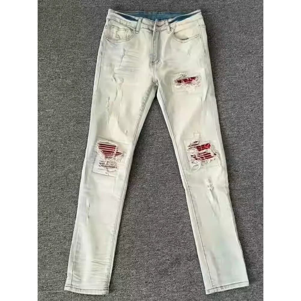 Men's Distressed Denim Jeans With Rhinestone & Patch Details – Slim Straight Leg Stretch Jeans For Streetwear​