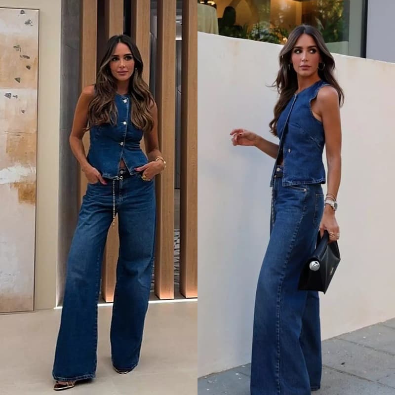 ​​Women's Vintage Denim Vest & Jeans Set - Oversized Distressed Waistcoat + Straight-Leg Pants (Dark Blue) - 90s Grunge Streetwear​​