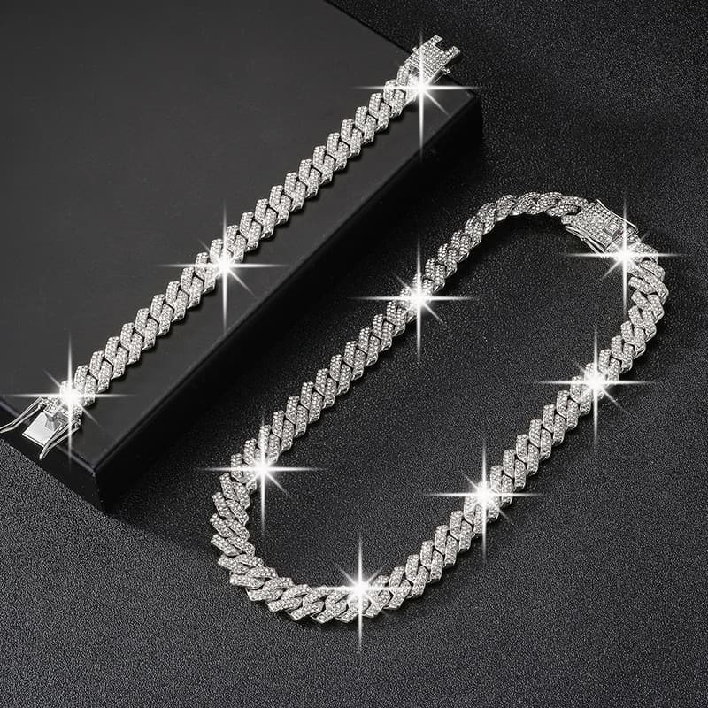 Trendy And Fashionable Cuban Chain Set Alloy Full Diamond 14mm Strip Hip-hop Necklace