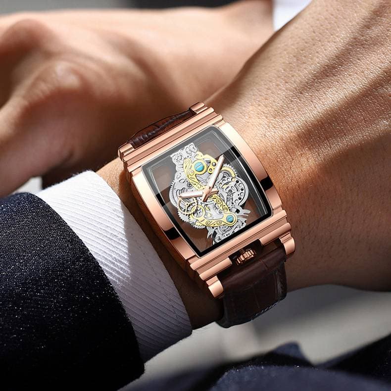 Montre chronographe squelette pour homme avec bracelet en cuir, boîtier rétro en forme de tonneau, aiguilles lumineuses, étanche et lumineuse.