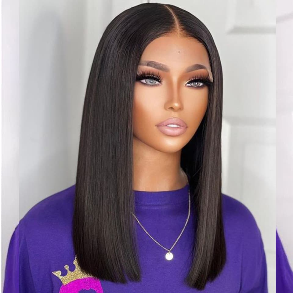 16"Double Drawn Bone Straight Human Hair Wigs 4*4Closure Bob Wig Glueless Wig