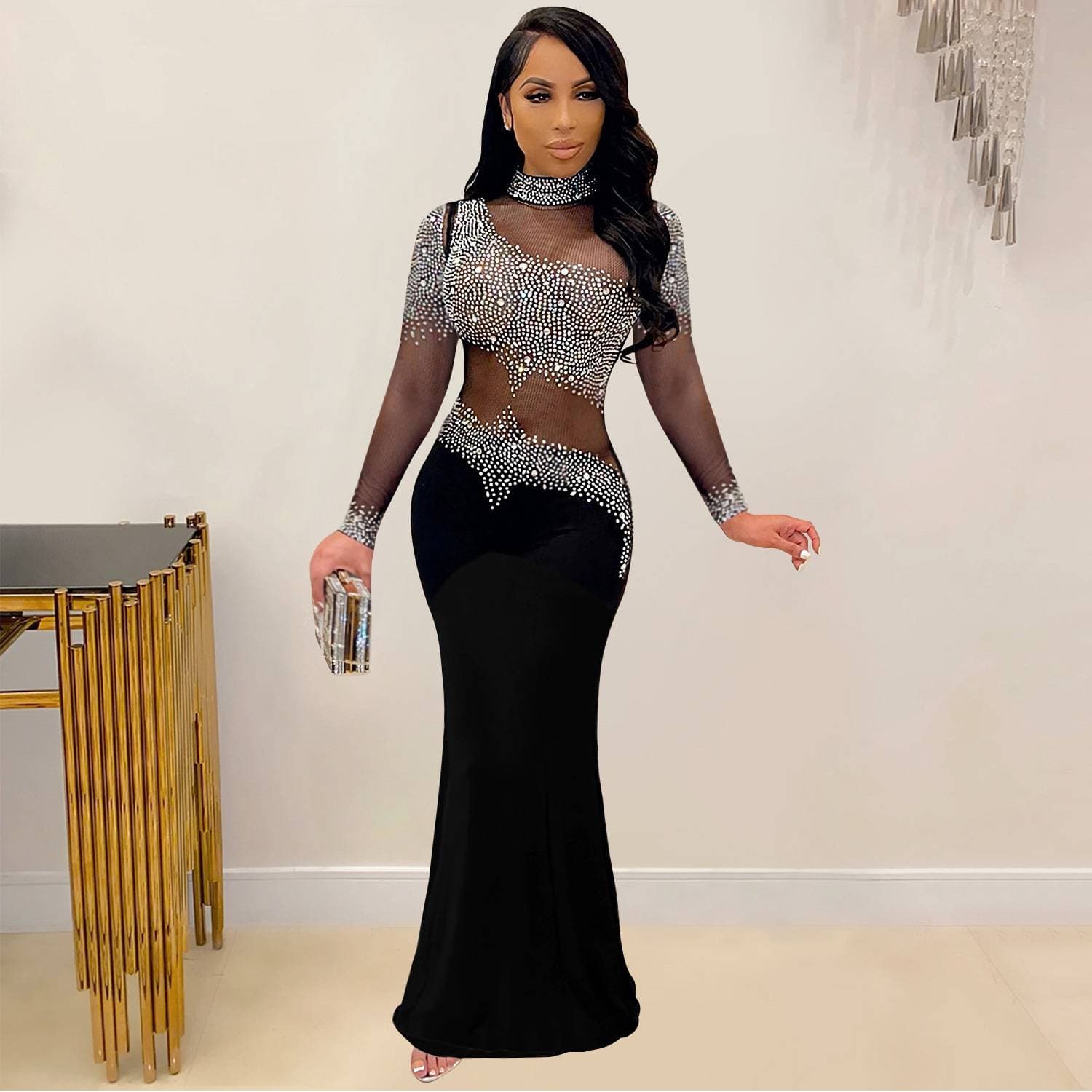 Women's Clothing new hot diamond round neck dress long
