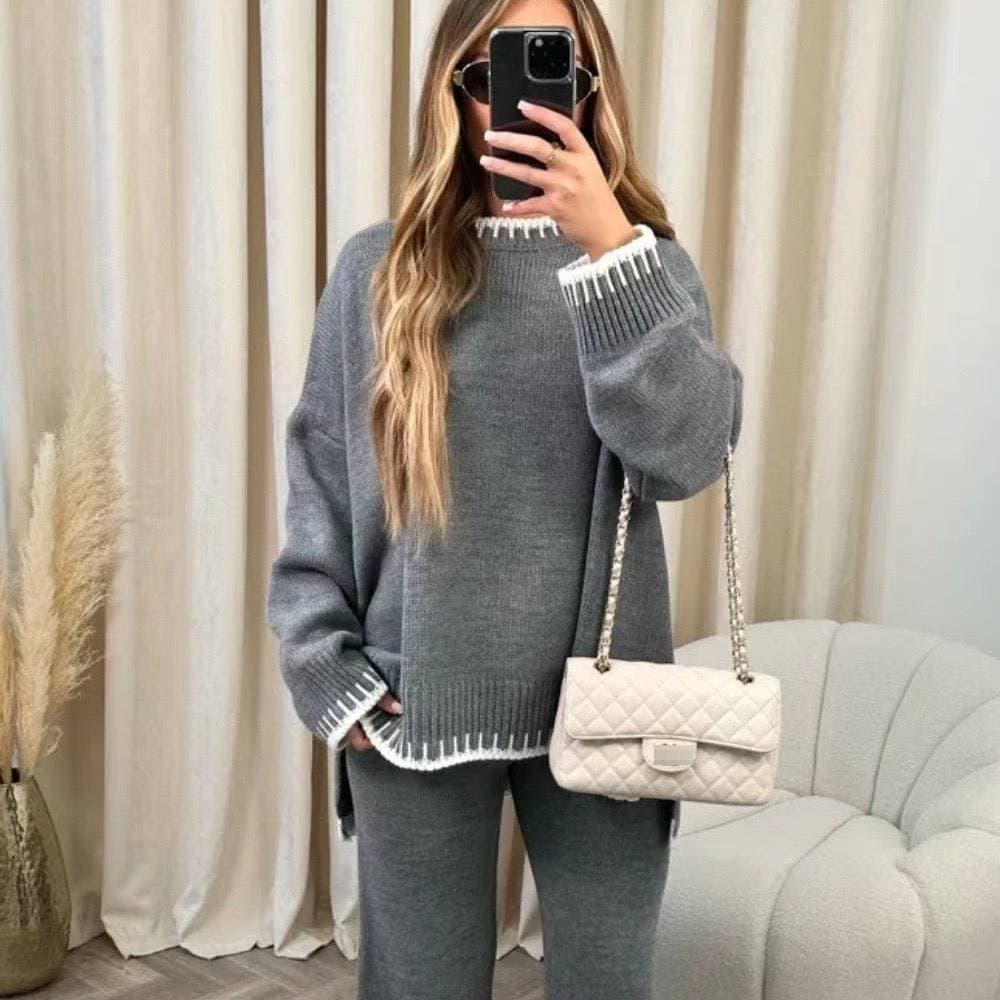 Women's Casual Two-Piece Set - Solid Color Long Sleeve Top & Relaxed Pants, Comfortable Polyester Blend, Autumn Winter Fashion