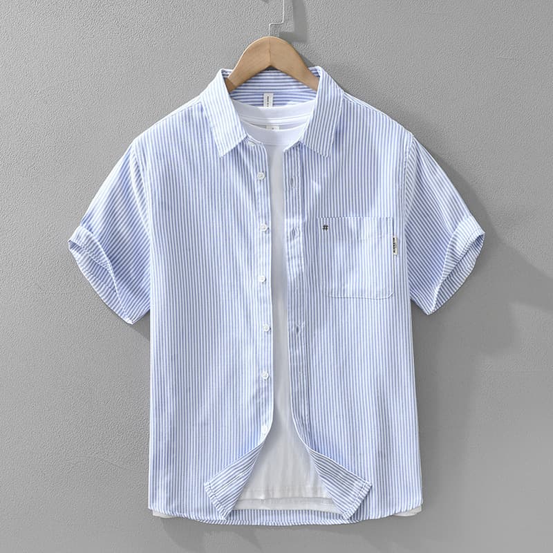 Oxford Striped Short Sleeved Shirt For Men, Fashionable And Versatile, Artistic And Casual Loose Top
