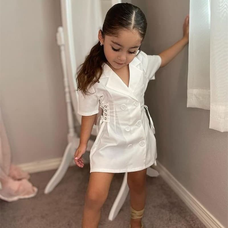 Mother & Kids 2024 Summer Girls Suit Collar Dress Children's Fashionable Double-Breasted Puff Sleeve Children's Dress for Shipping