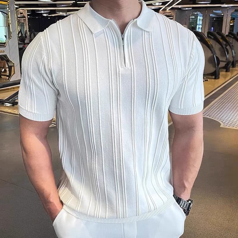 Half Zipper Shirt Men's Short Sleeve Lapel Knitted Tops Handsome Shirt Men's