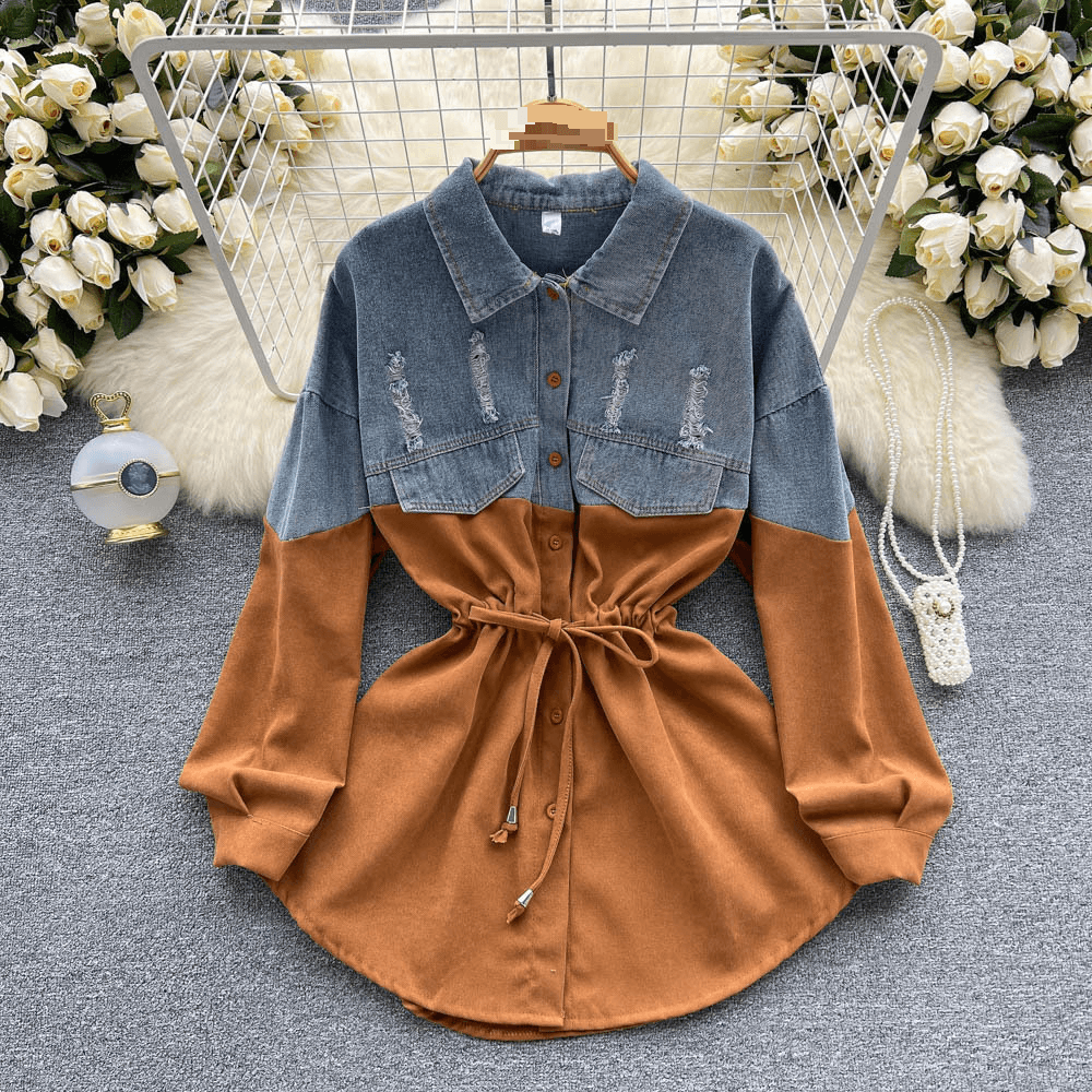 Women's Clothing style long sleeved dress summer women's clothing high grade denim splicing contrast color waist temperament shirt short skirt