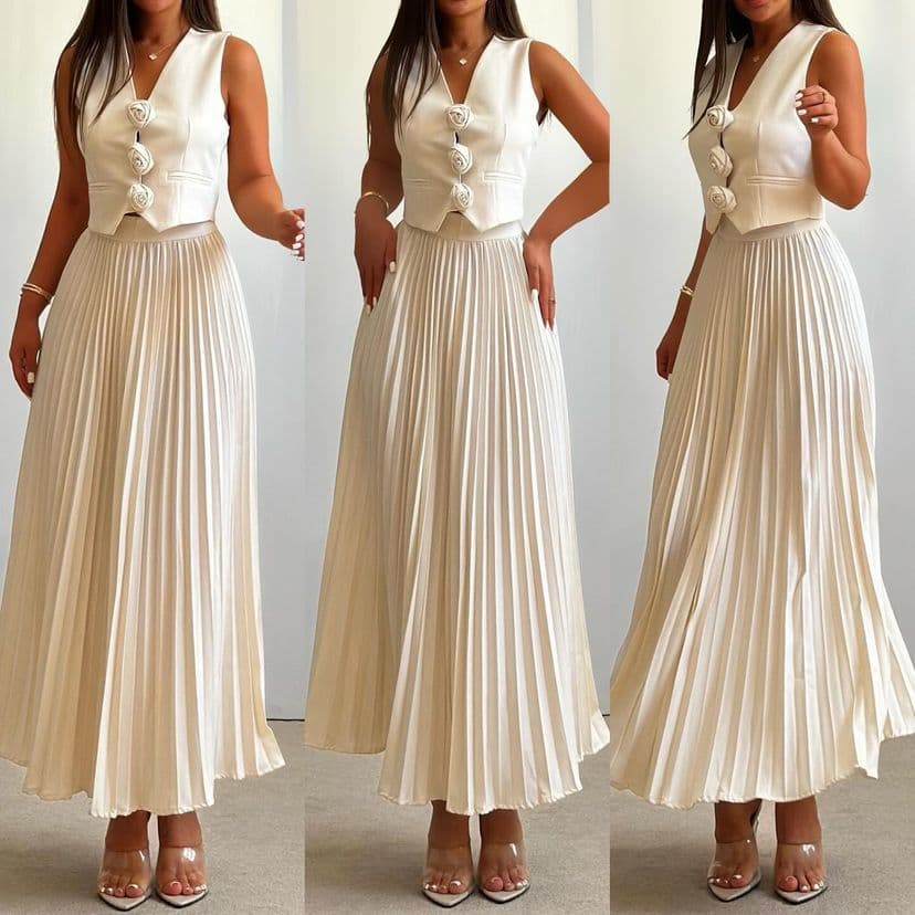 Women's Clothing Summer Sleeveless Vest Heavy Half Length Pleated Long Sleeved High End Two Piece Suit