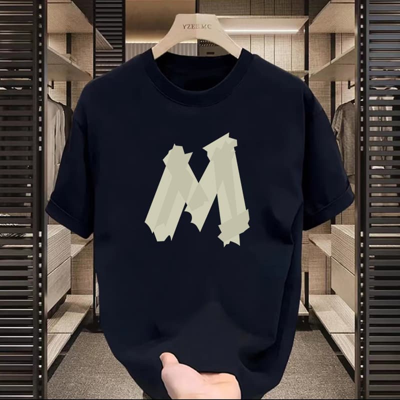 Men's Clothing Five Point Sleeves Simple Tape Letter Printing Pattern Loose Versatile Round Neck Couple Style Short Sleeved T Shirt