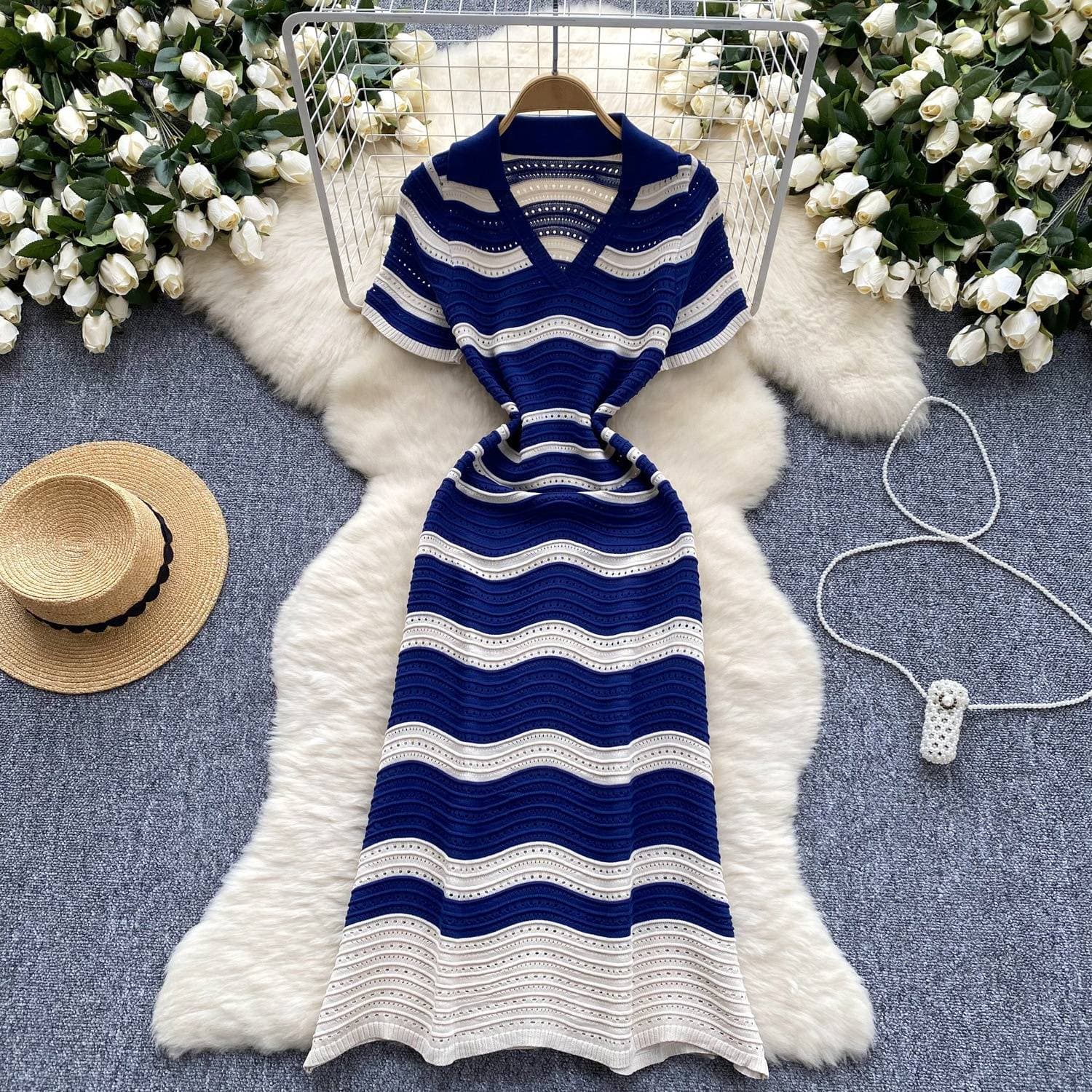 Women's Clothing Light Luxury High End Striped Knitted Dress V Neck Hollow Thin Breathable Slim Design Long Skirt