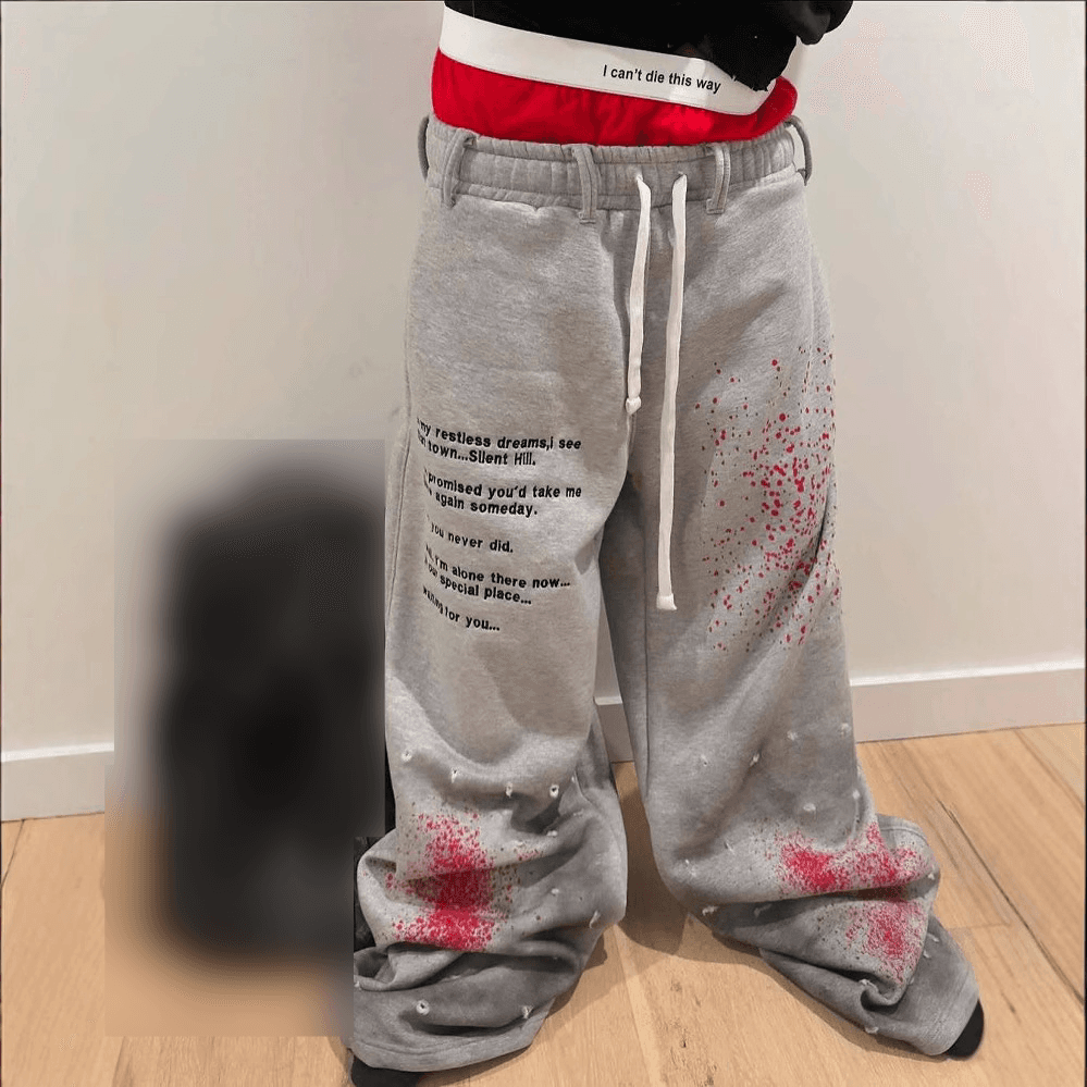 Old Inkjet Painted Letters Printing Double Layer Sports Casual Pants Men Loose Hip Hop Rap Street
