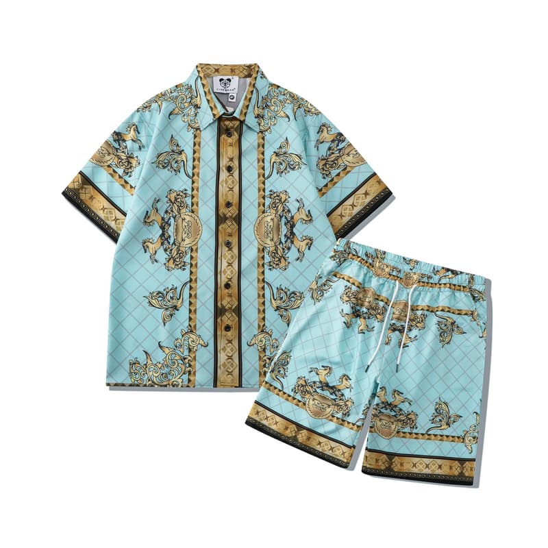 Men's clothing high street floral shirt suit palace style full print retro shirt casual cardigan shorts matching men