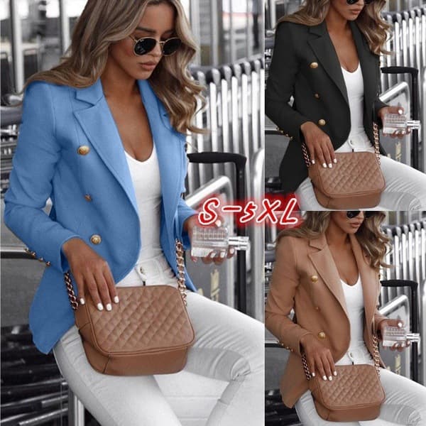 Women's Clothing autumn long sleeved double breasted solid color stand up collar small suit
