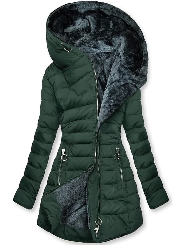 Manteau mi-long en coton à capuche et fermeture éclair diagonale pour femme, vêtement tendance