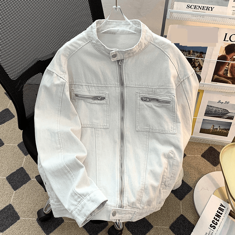 Men's Clothing Washed Distressed Deconstructed Stand Collar Denim Jacket For Men American Style Design Canvas Zipper Jacket Trendy