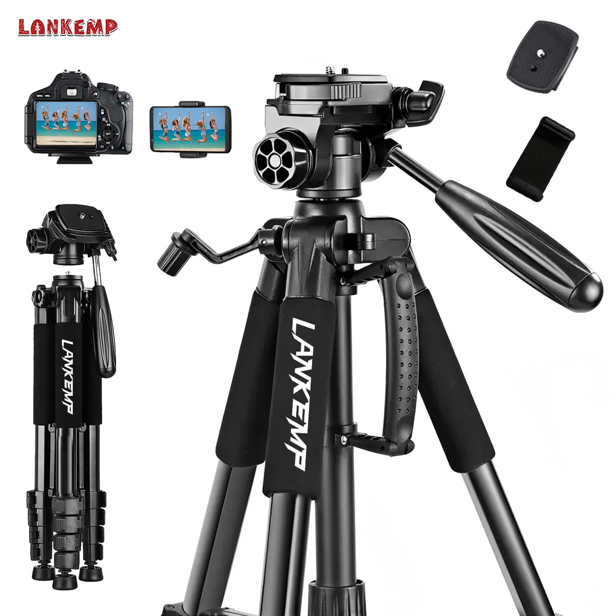188cm Camera Tripod, Aluminum Heavy Duty Camera Stand For Phone, Travel Tripod With/Carry Bag/Phone , Spotting Scopes, Max Load 15 Lb(Black)