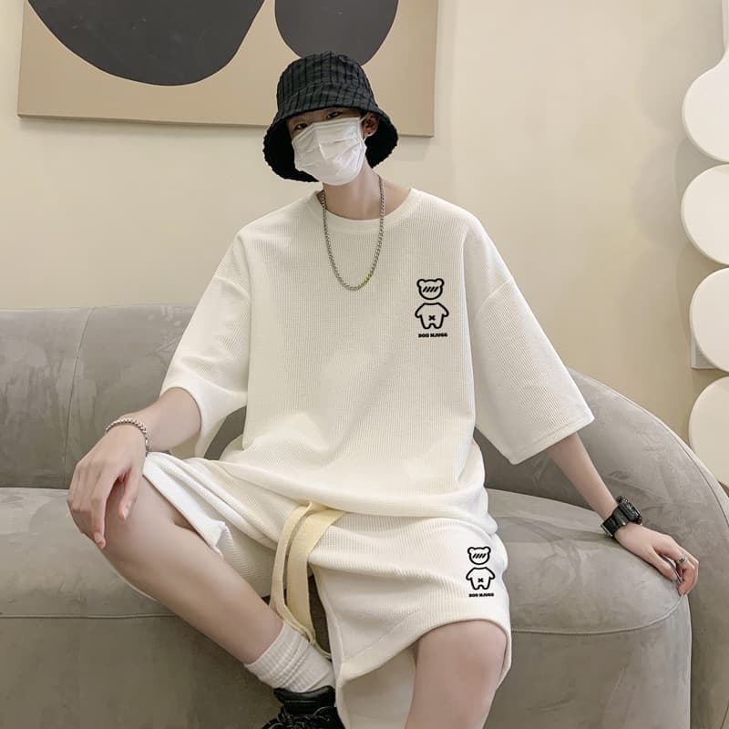 Men's Clothing Summer New Waffle Sports Suit Bear Men's T Shirt Shorts Two Piece Suit Large Size