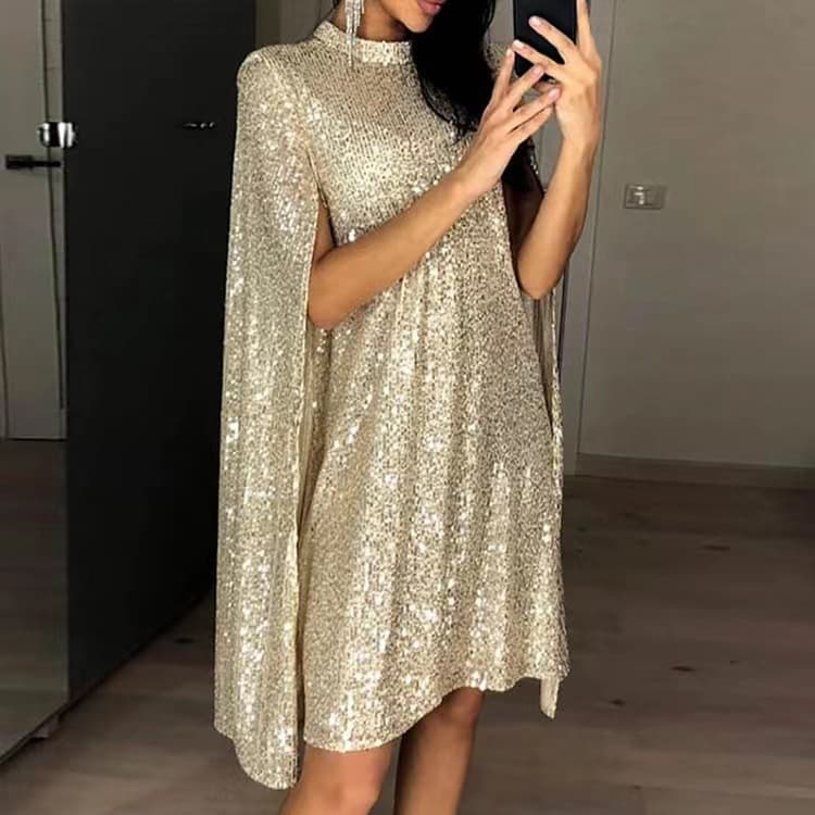 Women's clothing women's beaded long-sleeved slit dress small stand-up collar dress cape skirt