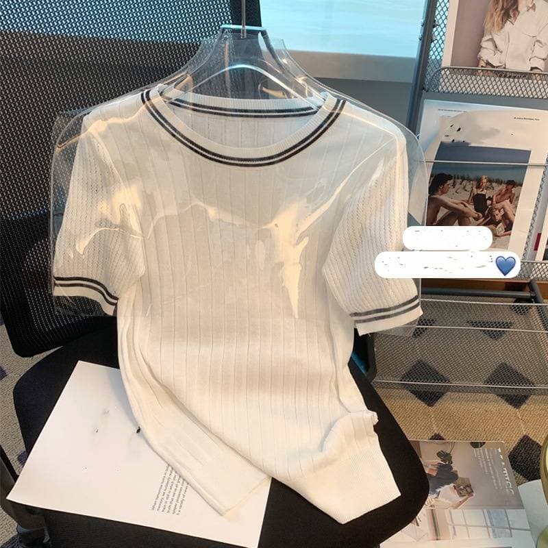 Women's Clothing Round Neck Small Fresh Hollow Short Sleeve T Shirt Bottoming Shirt Women's Summer New Thin Ice Silk Knitted Sweater