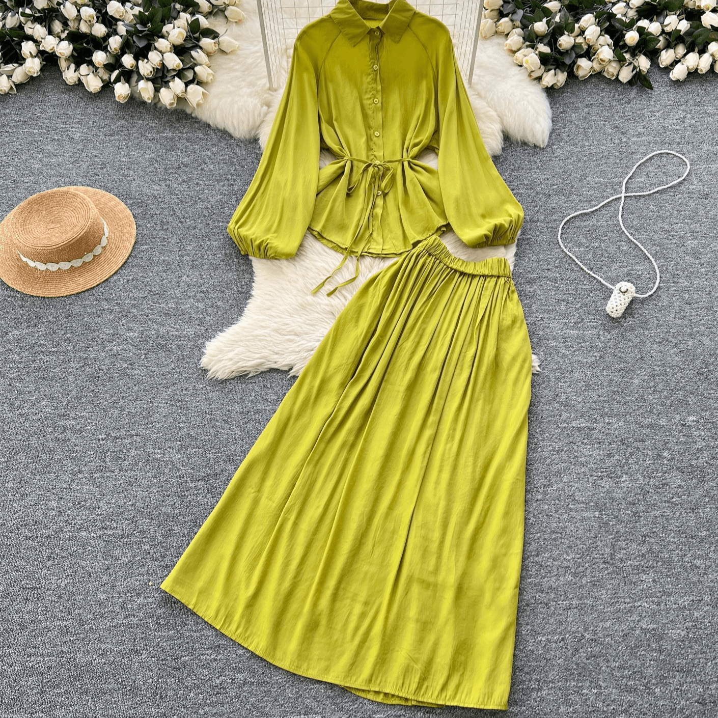 Women's Clothing Solid Color Temperament Suit Women's Spring Puff Sleeve Tie Shirt + Elastic Waist Slim Long Skirt
