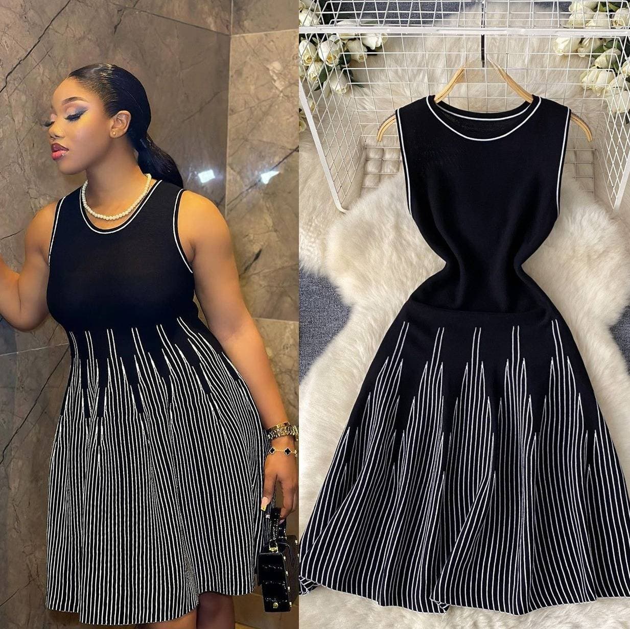 Women’s Clothing Simple Sleeveless Round Neck Striped Knitted Dress Female Summer Waist Design Niche Fairy Mid Length Skirt