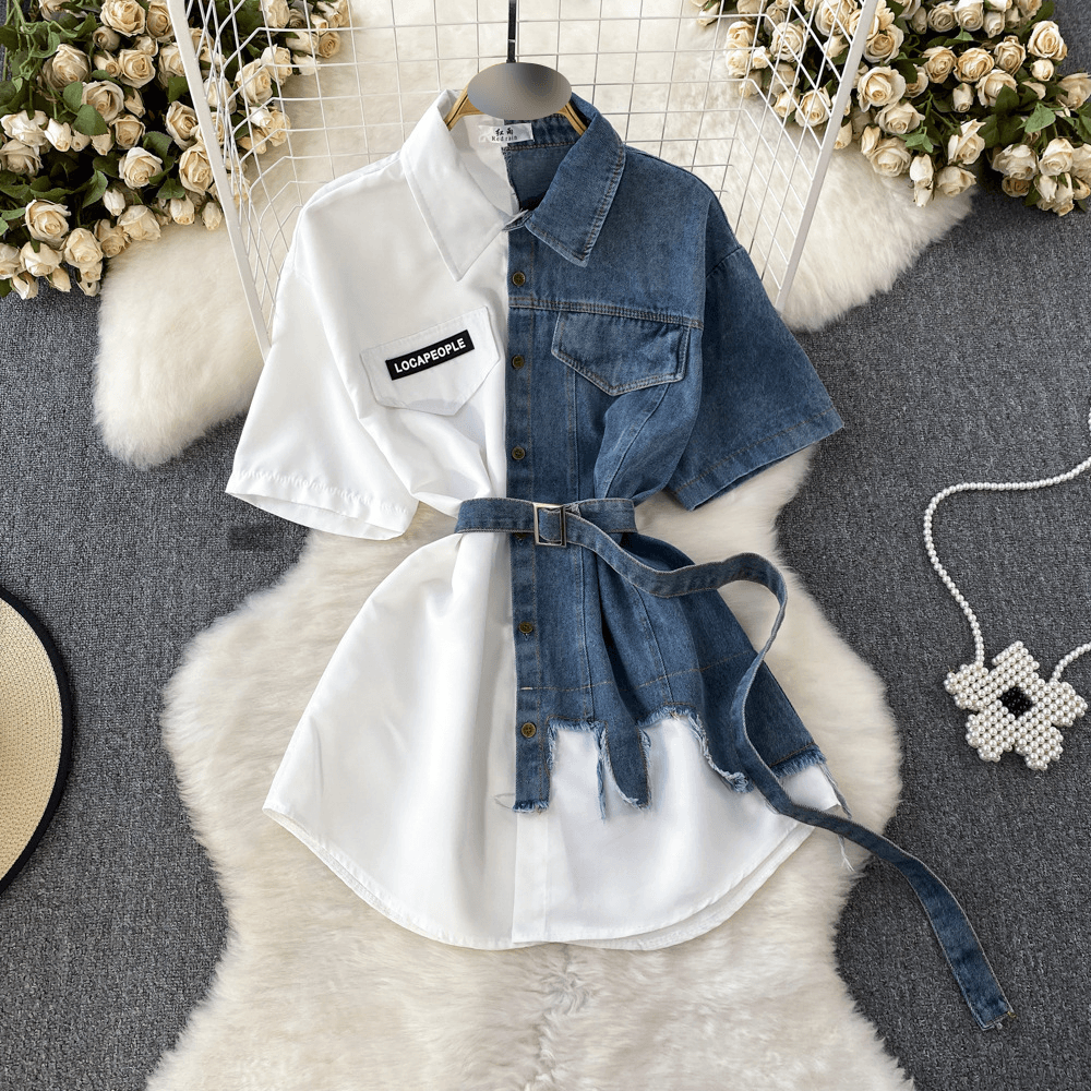 Women’s Clothing Contrast Color Lapel Waist Slimming A Line Single Breasted Shirt Denim Dress Women's Medium Length Irregular T Shirt Skirt
