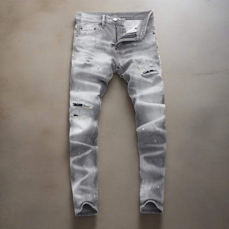 Men's Clothing High Street Fashion Men's Jeans Old Gray Washed Hole Patch Paint Trendy Brand Slim Fit Pants