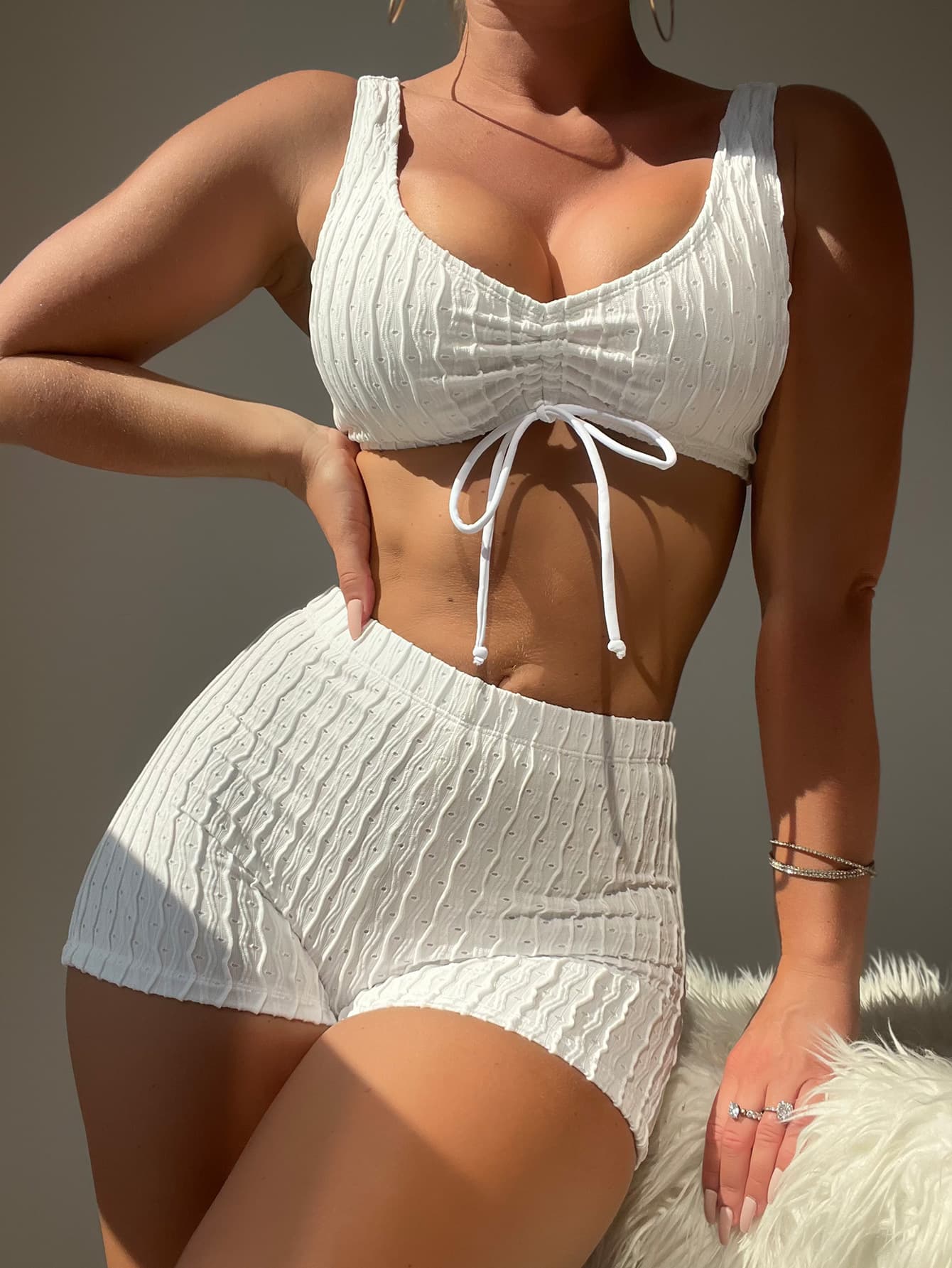 Women's Clothing Split Swimsuit Women's High End New Solid Color Gathered Swimsuit Sexy Bikini Two Piece Set
