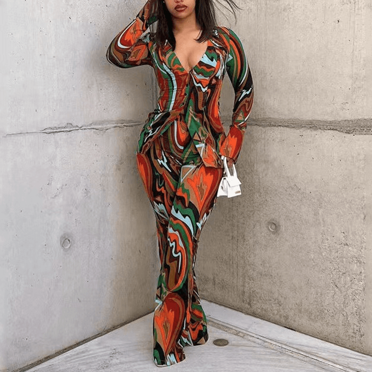 Women's Deep V Sexy Printed Shirt Wide Leg Pants Fashion Casual Two-piece Set