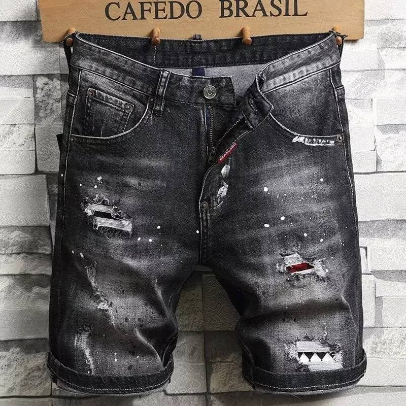 Denim 2024, Men's New Summer Shorts, Slim Fit, Small Feet, Personality Holes, Euro-n High Street Shorts