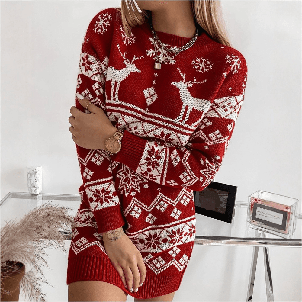 Women's Clothing autumn women's new Korean style fashion elk Christmas casual sweater dress