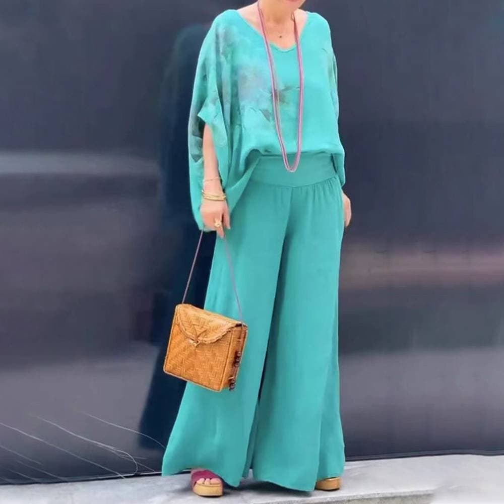 Women's Clothing V Neck Cotton And Linen Printed Tops And Trousers Casual Suits