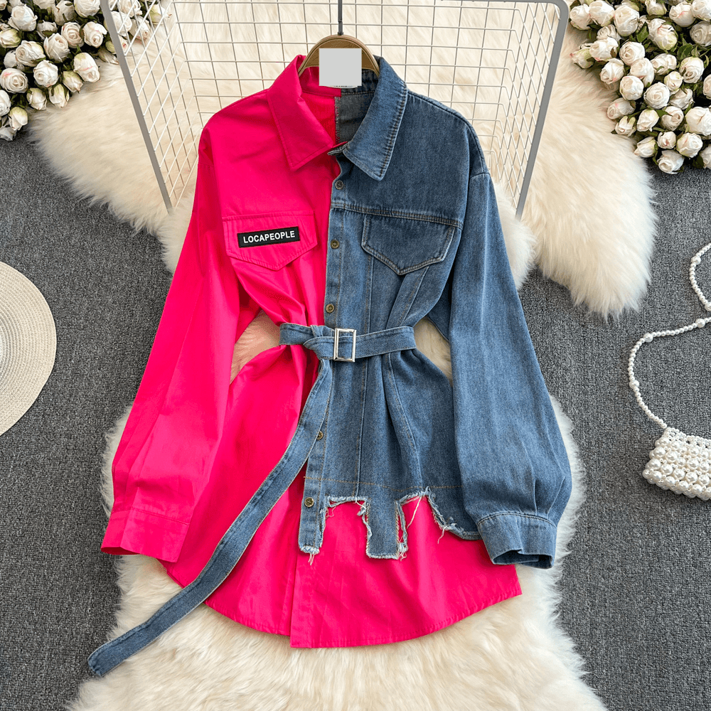Women's Clothing Retro style waist-cinched color-blocked denim shirt with belt for women spring new chic casual mid-length top