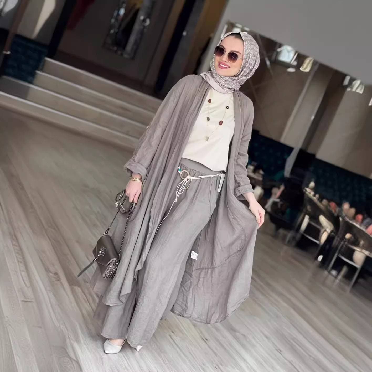 Women's Muslim Cotton And Linen Comfortable And Fashionable Loose Long Cardigan Casual Wide-leg Pants Two-piece Set
