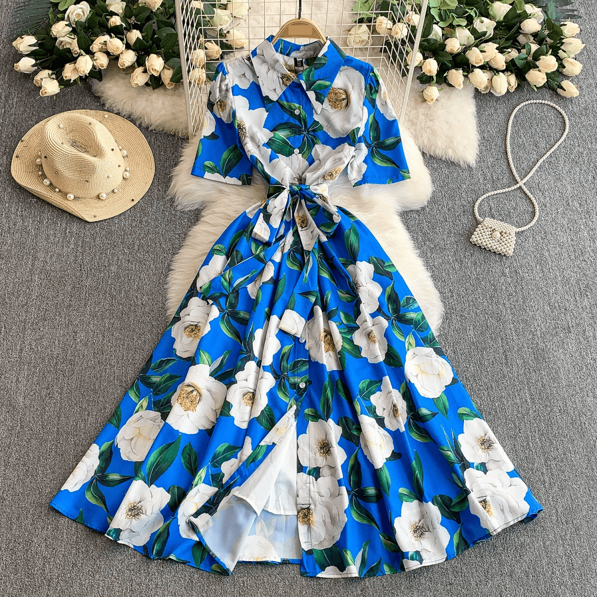 Floral Print French Wrap Midi Dress With Belt Tie For Women - Summer Vacation Slimming A-Line Design