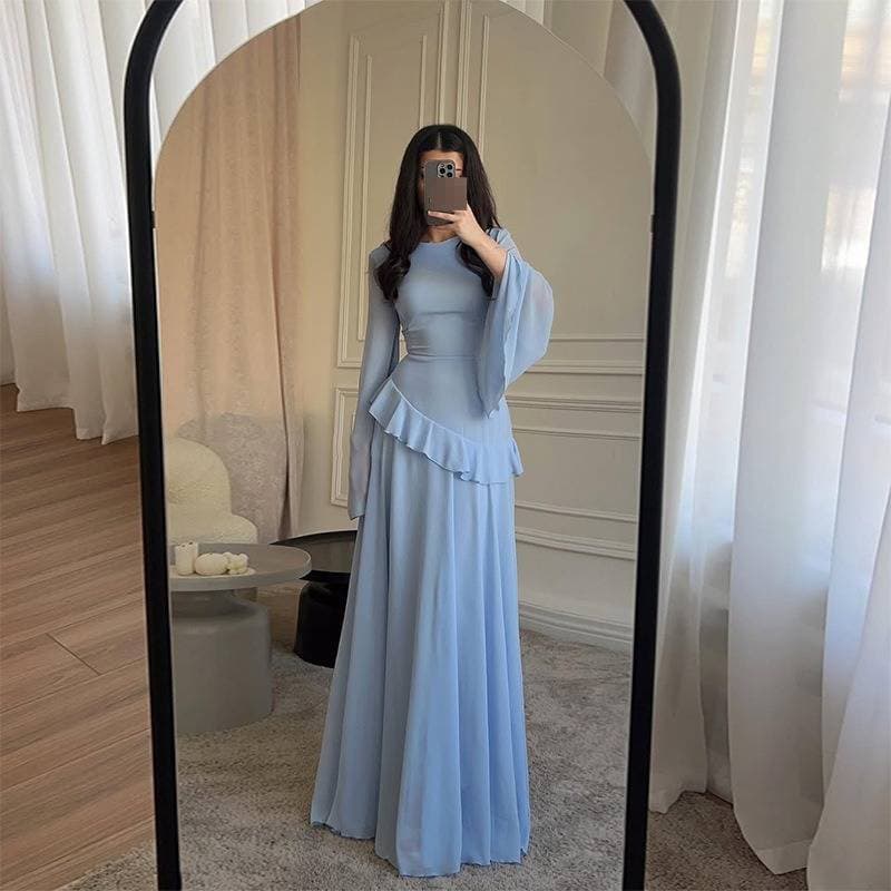 Elegant Round-Neck Bodycon Dress – Flowy Chiffon Maxi Dress In Wine/Blue/Yellow/White/Brown/Pink (XS-XXXL)