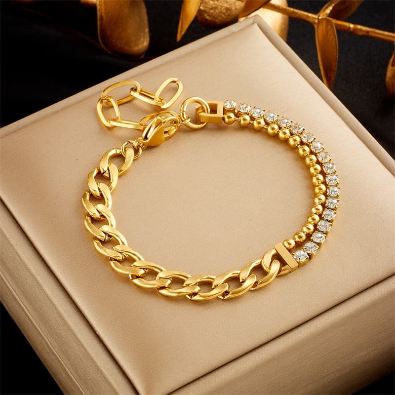 Asymmetric diamond-studded double-layer thick chain titanium steel metal punk hip-hop simple all-match jewelry bracelet
