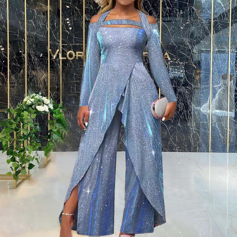 Women's fashion sexy sequined long skirt oblique collar mid-waist temperament commuter jumpsuit