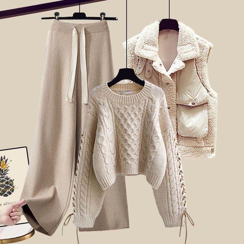 Women's Clothing Plus Size Autumn And Winter Suits Thickened Vest Versatile Knitted Sweater Wide Leg Pants Three Piece Suit