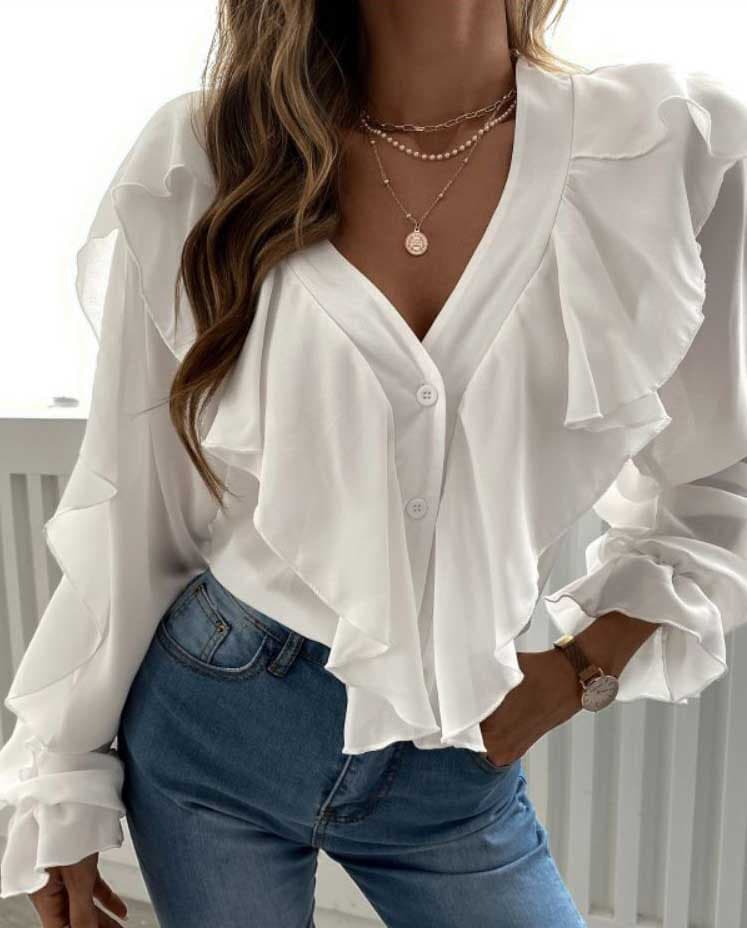 Women's clothing autumn and winter V-neck ruffle top shirt long sleeves