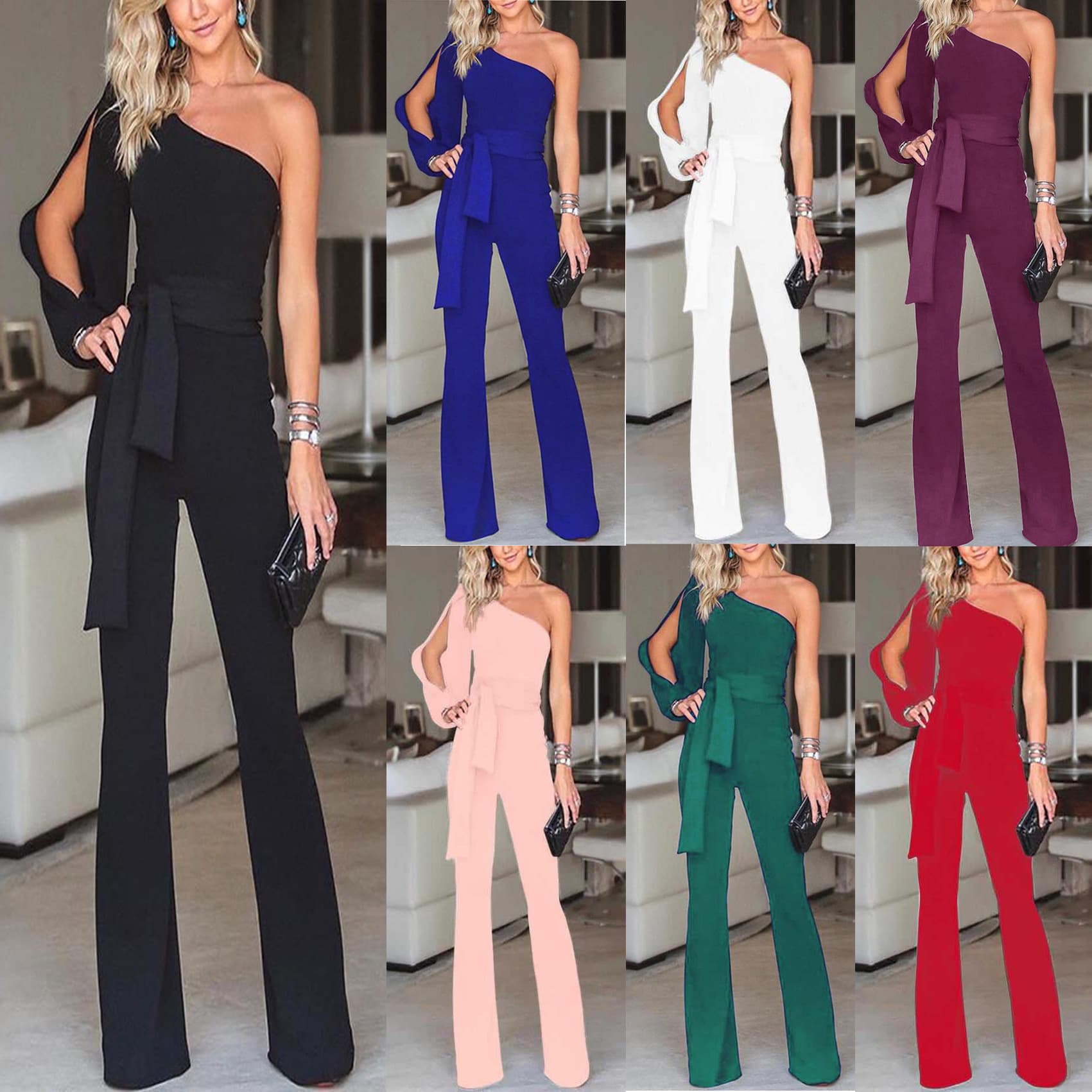 Women's Clothing Spring New Women's One Shoulder High Waist Lace Up Solid Color Slim Sexy Jumpsuit