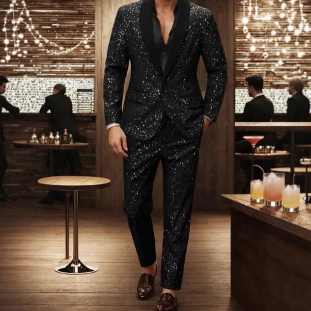 Men's Glitter Blazer & Pants Set - Slim Fit Formal Suit With Stand Collar, Single-Button Closure (Black, S-XXL)