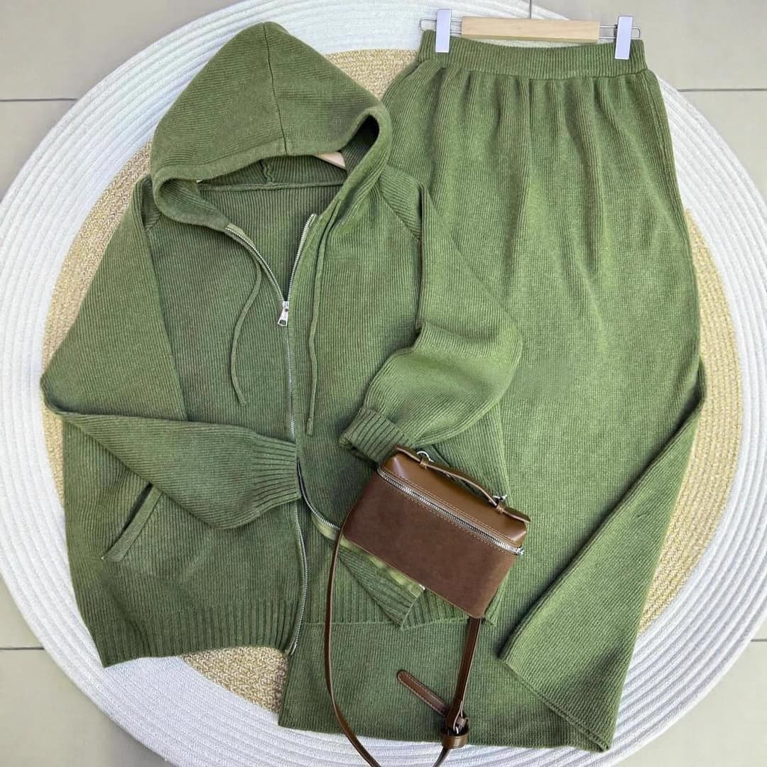 ​Women's Knit Hooded Zip-Up Sweater & A-Line Dress Set – Fall Casual Outfit (XS-XXXL, Olive/Silver/Beige/Brown/Blue/Black/Cream/Red, Trendy Wear)​