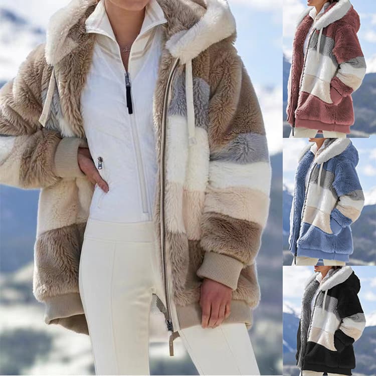 Women's Clothing Fleece Patchwork Zipper Pocket Hooded Loose Jacket