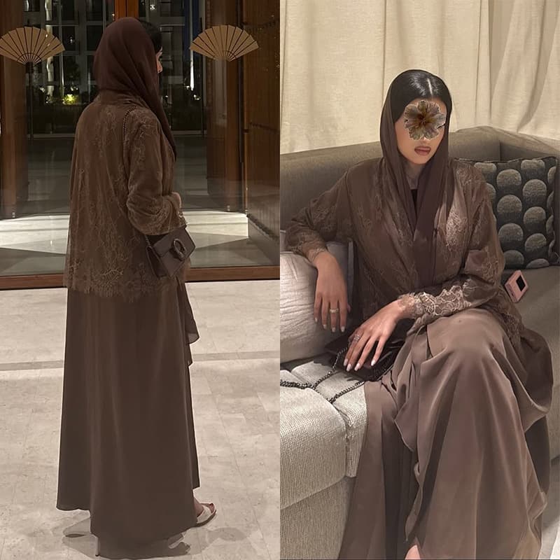 Modest Abaya Dress Elegant Modest Abaya With Lace Detailing – Dubai-Inspired Long Dress (S-XXL, Coffee Brown)​