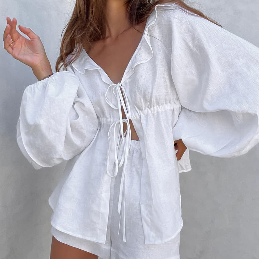 Women's bubble sleeve fashion leisure suit V-neck lace ruffled loose