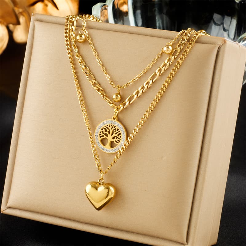 Fashionable niche simple retro titanium steel metal multi-layer chain love round card tree of life pendant necklace