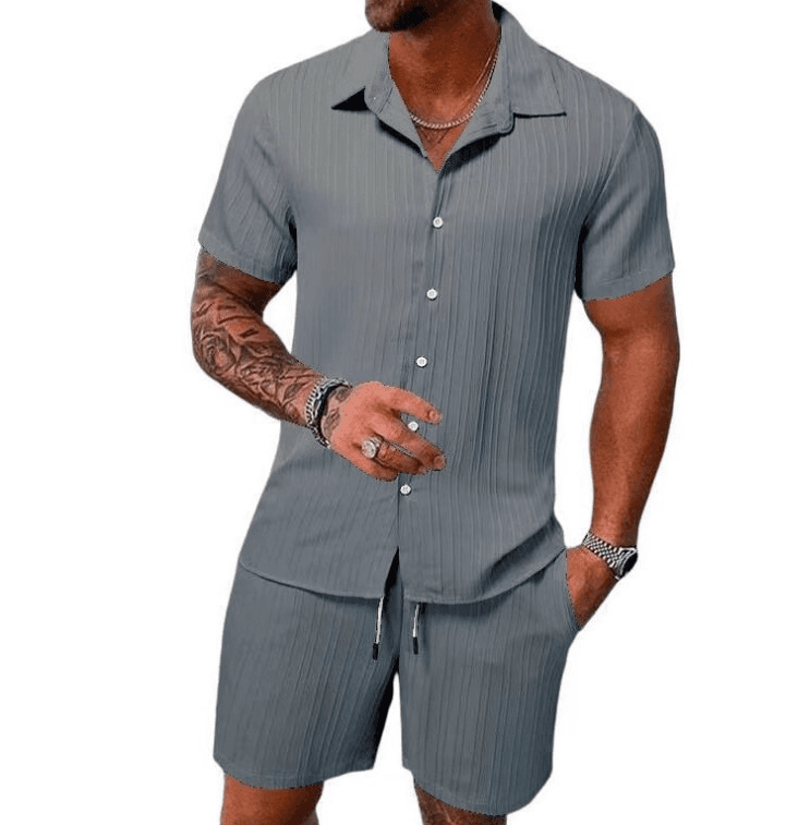 Men's Sportswear Classic Two-piece Set, Men's Casual Button-down Lapel Short-sleeved Shirt And Shorts, Beach-style Suit For Men In Summer
