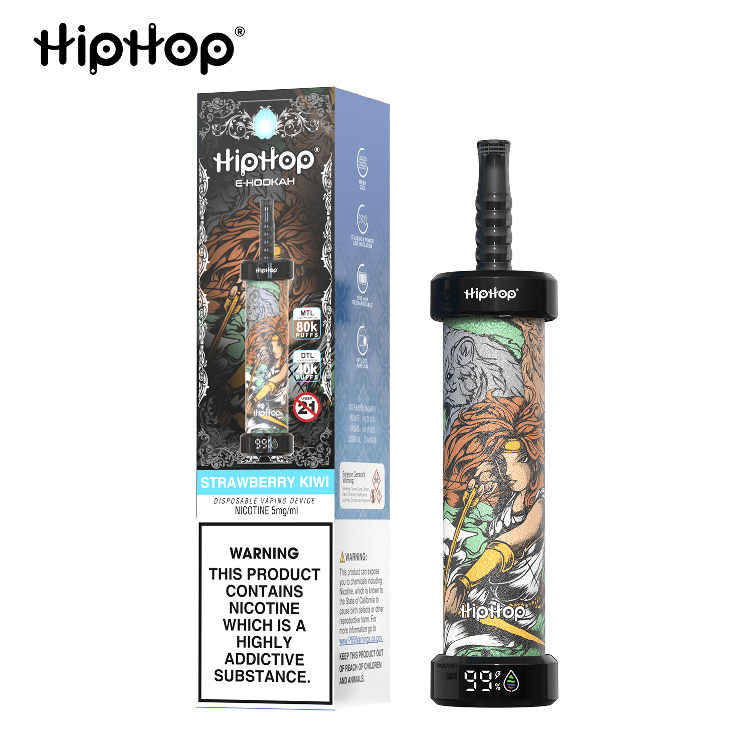 Cigarette électronique jetable HipHop rechargeable, jusqu'à 80 000 bouffées